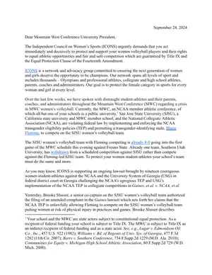 First page of the document: Demand letter to Mountain West Conference university presidents
