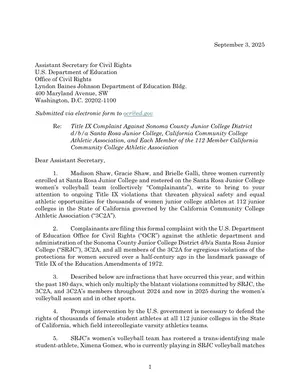 First page of the document: Title IX complaint by Santa Rosa Junior College volleyball players